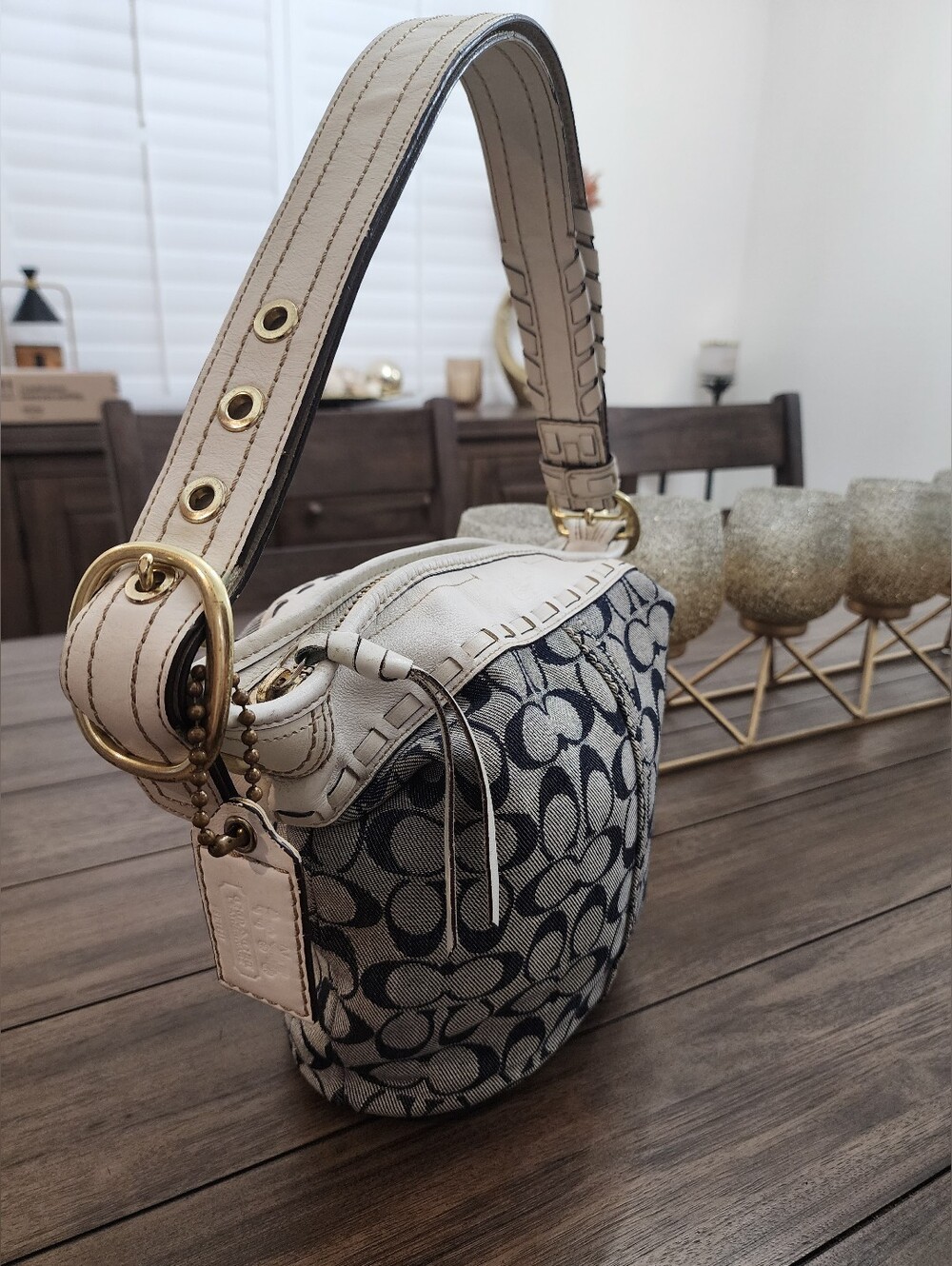 Coach Signature Monogram Shoulder/crossbody in Cream Leather & Denim Bucket Bag